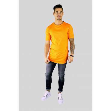 Basic long fit t-shirt lage hals langer mouwtje neon oranje
